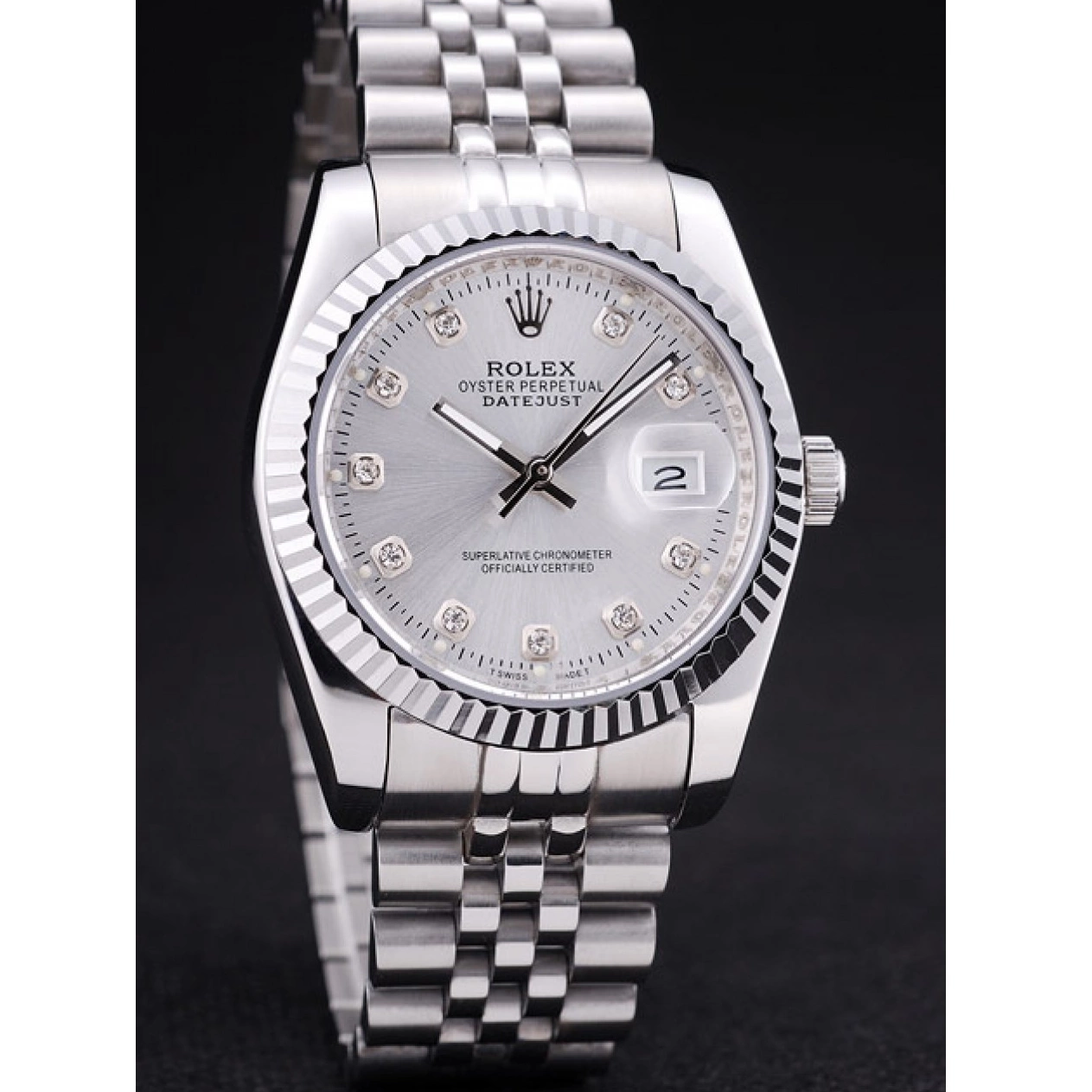 Aaa replica watch Datejust Ribbed Rolex 7455 Silver Diamonds Dial Bezel 0716